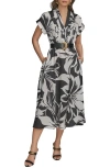 Donna Karan Plus Size Printed Belted A-line Dress In Black/pristine