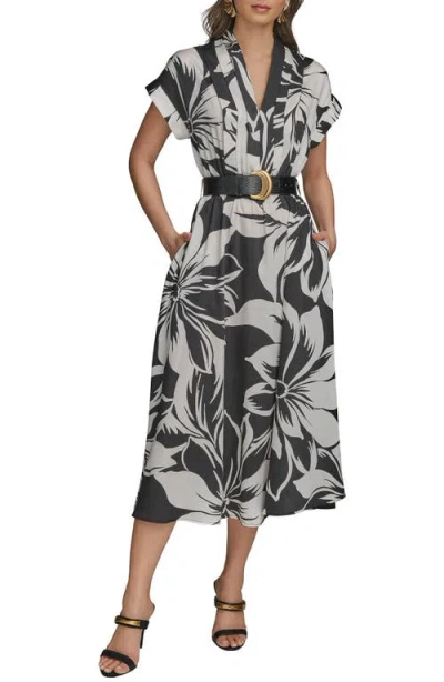 Donna Karan Women's Floral-print Belted Midi Dress In Black
