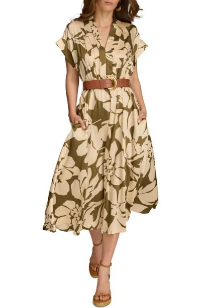 Donna Karan New York Floral Print Belted Midi Dress In Sap Green
