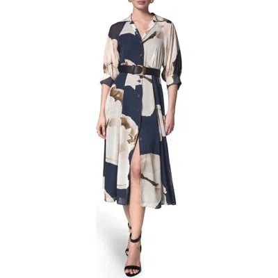 Donna Karan New York Floral Print Chiffon Midi Shirtdress In Blue