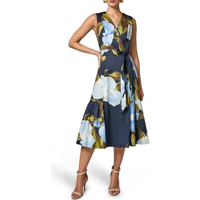 Donna Karan New York Floral Print Faux Wrap Sleeveless Dress In Blue