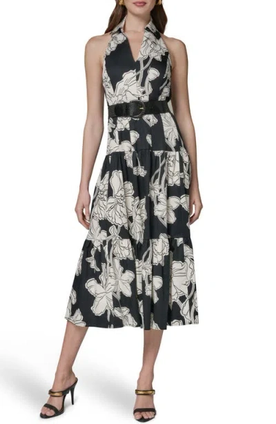 Donna Karan New York Floral Print Halter Midi Dress In Black