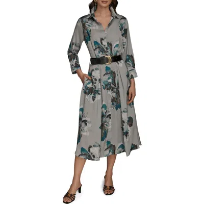 Donna Karan New York Floral Print Long Sleeve Belted Shirtdress In Gray