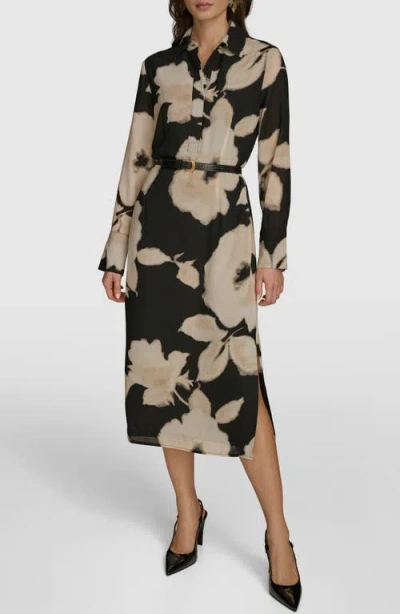 Donna Karan New York Floral Print Long Sleeve Shirtdress In Black Sand Multi