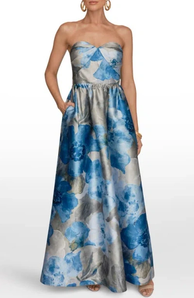 Donna Karan New York Floral Print Strapless Satin Gown In Blue