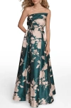 Donna Karan New York Floral Print Strapless Satin Gown In Multi
