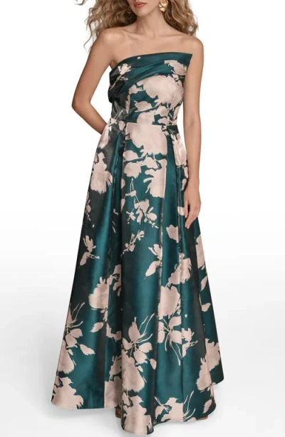 Donna Karan New York Floral Print Strapless Satin Gown In Multi
