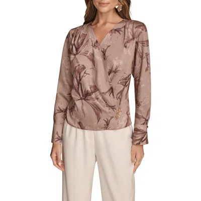 Donna Karan New York Floral Satin Surplice Top In Brown