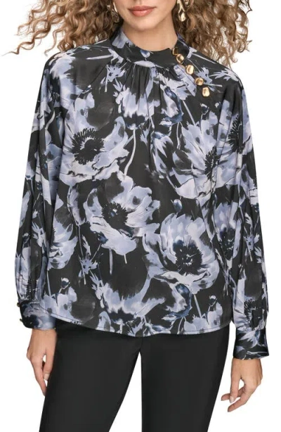 Donna Karan New York Floral Shoulder Button Long Sleeve Top In Multi