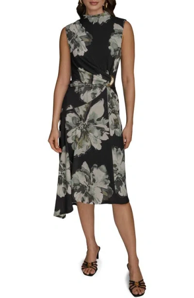 Donna Karan New York Floral Side Ruched Asymmetric Hem Dress In Black