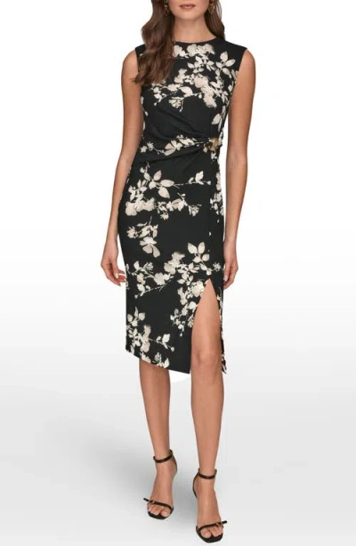 Donna Karan New York Floral Side Ruched Sheath Dress In Black