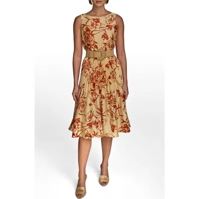 Donna Karan New York Floral Sleeveless Belted A-line Midi Dress In Cinnamon/ Beach