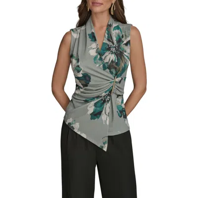 Donna Karan New York Floral Sleeveless Faux Wrap Top In Green