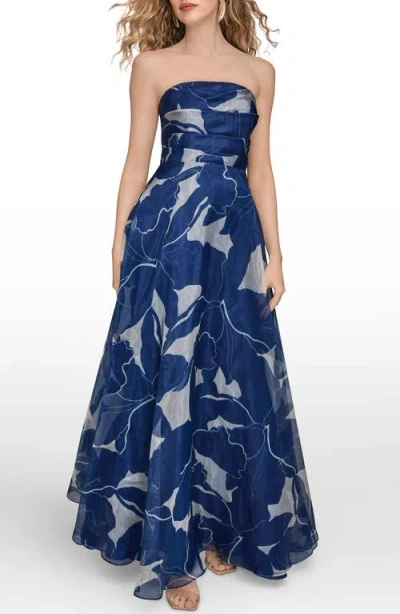 Donna Karan New York Floral Strapless Gown In Blue