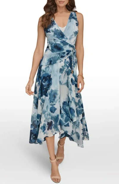 Donna Karan New York Floral Wrap Bodice Midi Dress In Blue