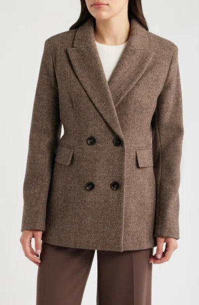 Donna Karan New York Herringbone Wool Double Breasted Coat In Brown