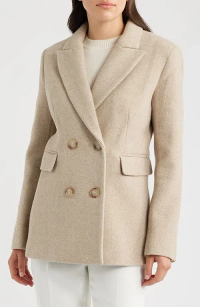 Donna Karan New York Herringbone Wool Double Breasted Coat In Neutral