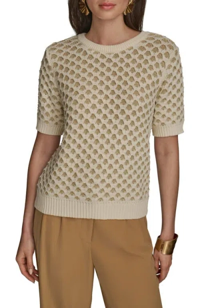 Donna Karan New York Honeycomb Short Sleeve Open Stitch Sweater In Brown