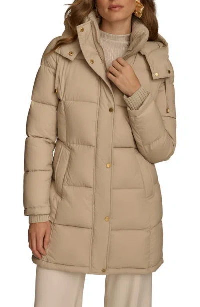 Donna Karan New York Hooded Ribbed Trim Puffer Jacket In Dark Taupe