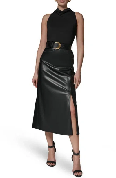 Donna Karan New York Jersey & Faux Leather Midi Dress In Black