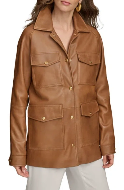 Donna Karan New York Leather Field Jacket In Cognac