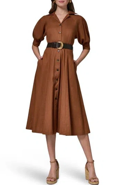 Donna Karan New York Linen Blend Midi Shirtdress In Cognac