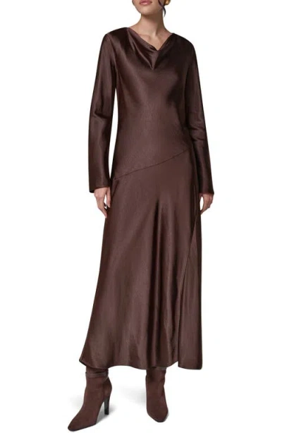 Donna Karan New York Long Sleeve Draped Neck Satin Dress In Espresso