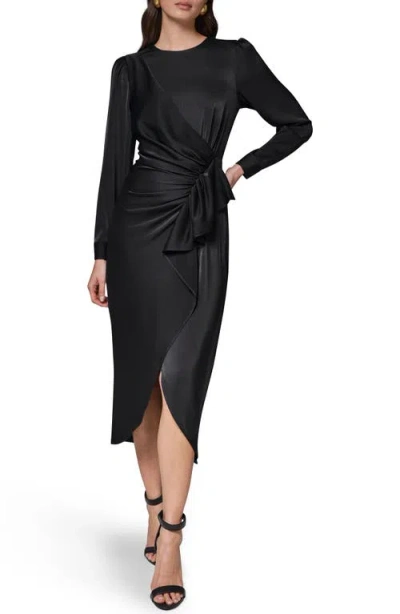 Donna Karan Satin Side-ruched Cascade Ruffle Midi Dress In Black