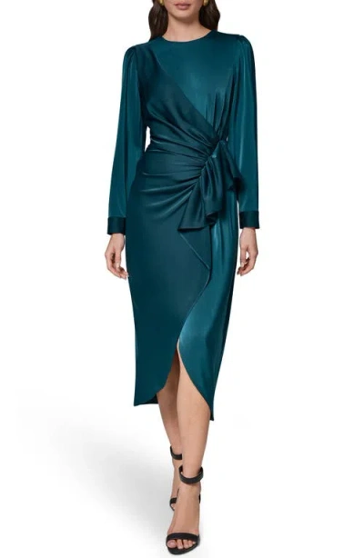 Donna Karan Satin Side-ruched Cascade Ruffle Midi Dress In Green