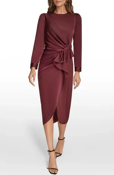 Donna Karan New York Long Sleeve Satin Faux Wrap Dress In Burgundy
