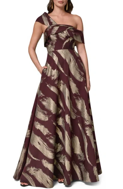 Donna Karan New York Metallic Abstract Print One-shoulder Gown In Burgundy