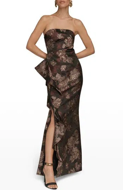 Donna Karan New York Metallic Floral Jacquard Strapless Gown In Chocolate Plum