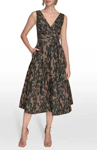 Donna Karan New York Metallic Jacquard Sleeveless Fit & Flare Dress In Brown