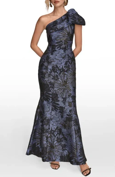 Donna Karan New York Metallic One-shoulder Jacquard Mermaid Gown In Blue