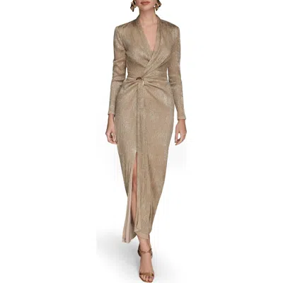 Donna Karan New York Metallic Side Slit Long Sleeve Gown In Brown