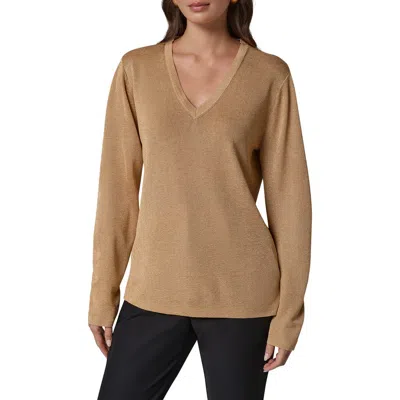 Donna Karan New York Metallic V-neck Rib Sweater In Gold