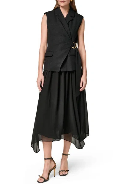 Donna Karan New York Mixed Media Belted Handkerchief Hem Midi Dress In Black