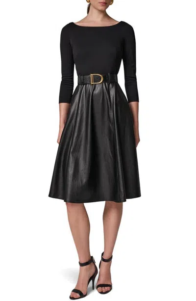 Donna Karan New York Mixed Media Belted Long Sleeve Dress In Black