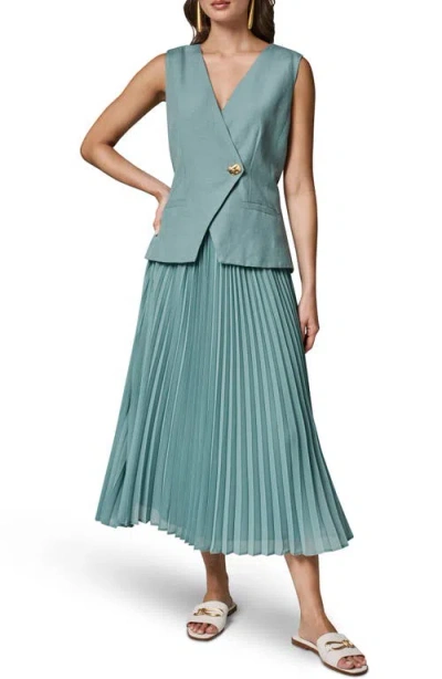 Donna Karan New York Mixed Media Linen Blend Pleated Midi Dress In Blue