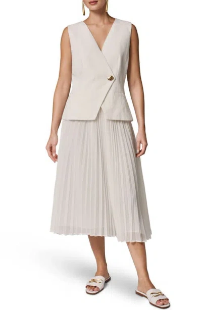 Donna Karan New York Mixed Media Linen Blend Pleated Midi Dress In White