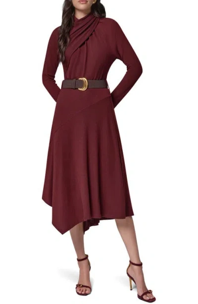 Donna Karan New York Mock Neck Long Sleeve Asymmetrical Hem Dress In Burgundy