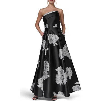 Donna Karan New York One-shoulder Floral Print Gown In Black