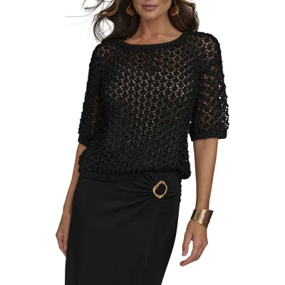 Donna Karan New York Open Stitch Elbow Sleeve Sweater In Black