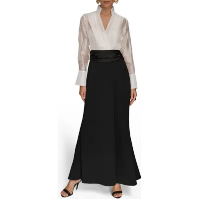 Donna Karan New York Organza Bodice Long Sleeve Gown In Crm/blk