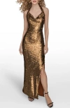 Donna Karan New York Paillette Cowl Neck Halter Gown In Brown