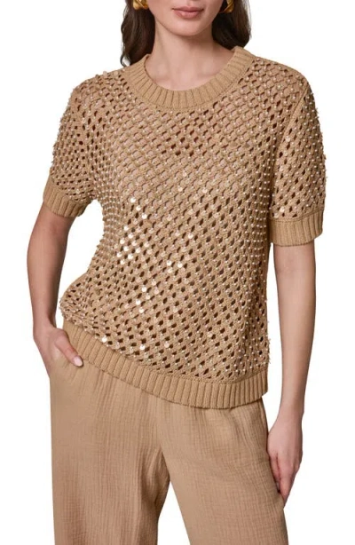 Donna Karan New York Pearl Detail Short Sleeve Sweater In Brown