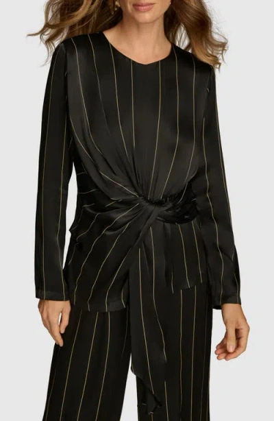Donna Karan New York Pinstripe Long Sleeve Tie Waist Satin Top In Black