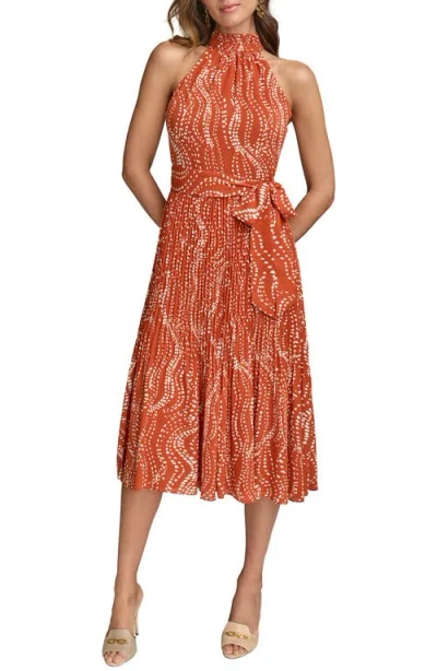 Donna Karan New York Pleated Halter Neck Dress In Brown