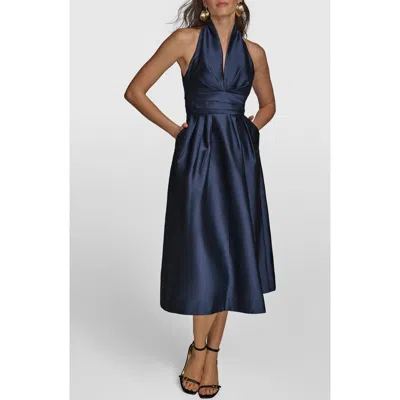 Donna Karan New York Plunge Neck Taffeta Midi Dress In Blue