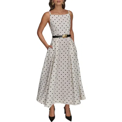 Donna Karan New York Polka Dot Belted Linen Blend Midi Dress